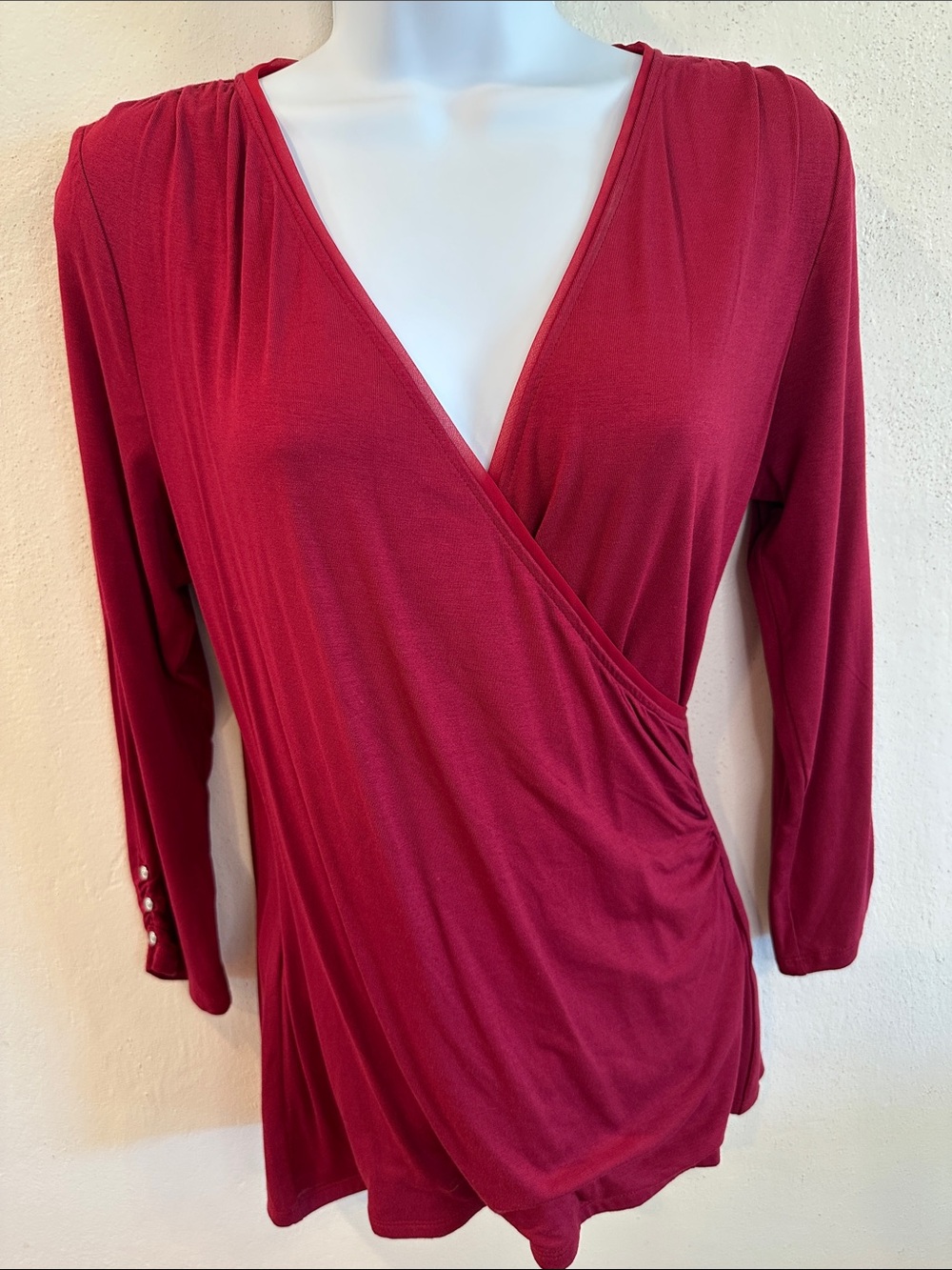 White House Black Market red 3/4 sleeve blouse, crossover in front, size Medium